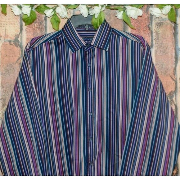 Mens BUGATCHI UOMO L Colorful Striped Contrast Cuff Dress Shirt Classic Cotton - Picture 2 of 10